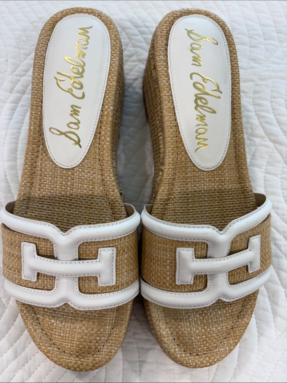 Sam Edelman Tan Woven Raffia Wedge Slides with White Trim - Picture 7 of 7